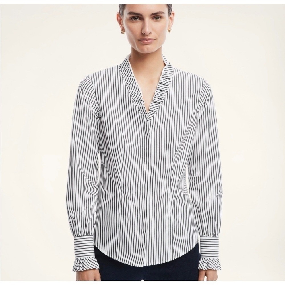 Brooks Brothers Women Ruffle Collared Supima Cottom Striped Button Down Shirt - Picture 2 of 9